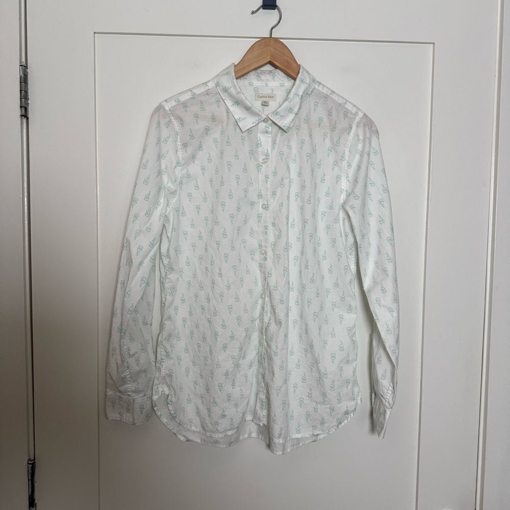 Garnet Hill Shirt Sz 10 White Floral Button Up Long Sleeve Organic Pima Cotton